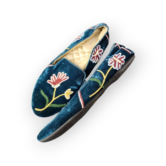 Birdies Velvet Floral Embroidered Loafer Flats Blue Womens - Picture 3 of 7